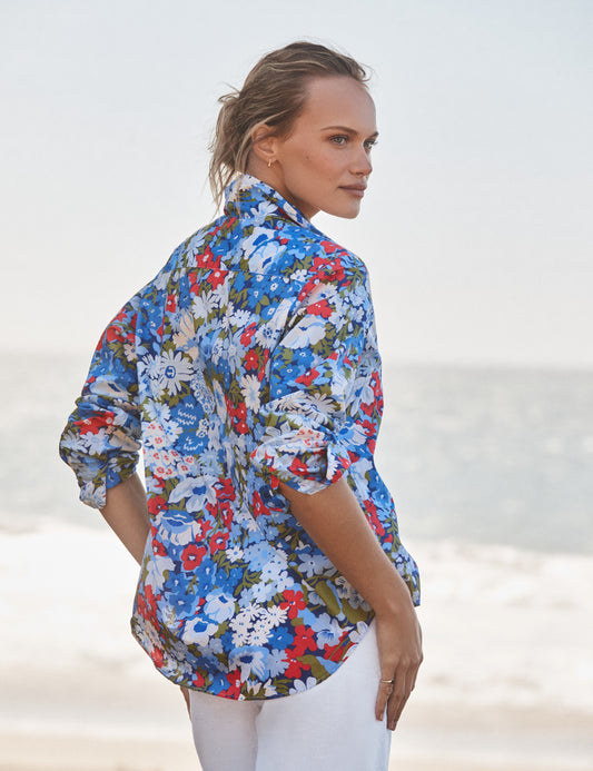Women's Button-Down Blouse Linen - Red-Green-Navy-Multi