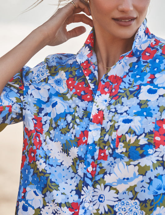 Women's Button-Down Blouse Linen - Red-Green-Navy-Multi