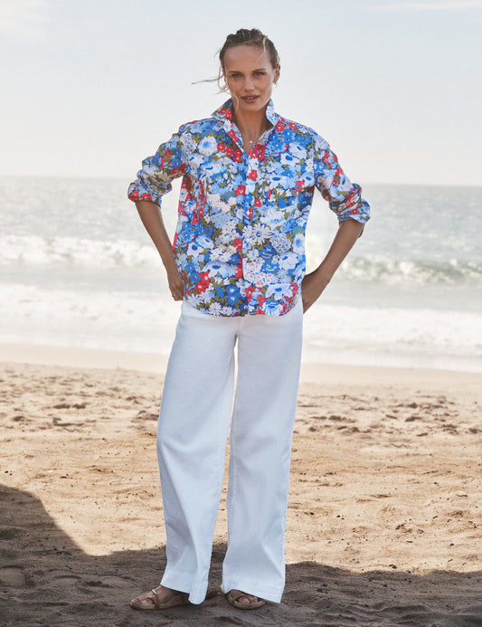 Women's Button-Down Blouse Linen - Red-Green-Navy-Multi