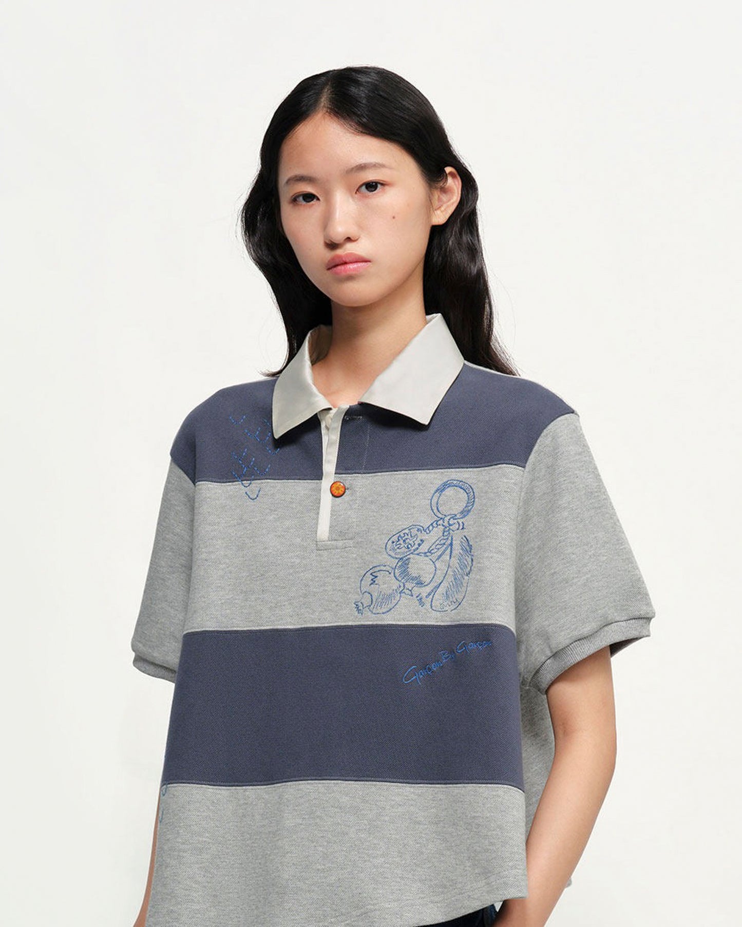 Garcon by Garcon | Striped Feather-Embroidered Polo - Blue-Grey Blue-Grey-Stripes