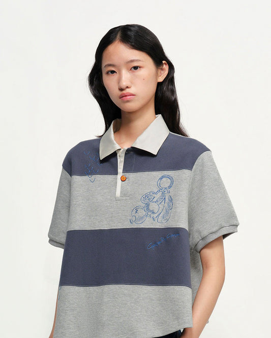 Garcon by Garcon | Striped Feather-Embroidered Polo - Blue-Grey Blue-Grey-Stripes