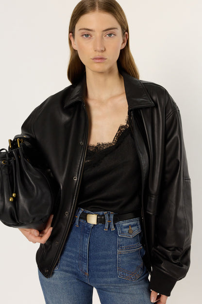 Unisex Leather Bomber Jacket Nima Lamb Leather - Black