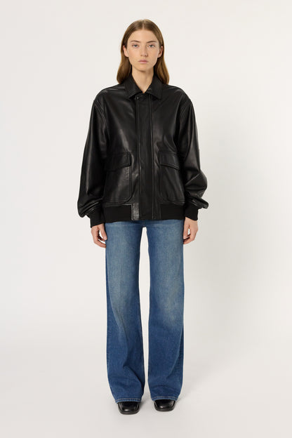 Unisex Leather Bomber Jacket Nima Lamb Leather - Black