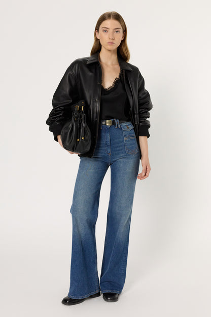 Unisex Leather Bomber Jacket Nima Lamb Leather - Black