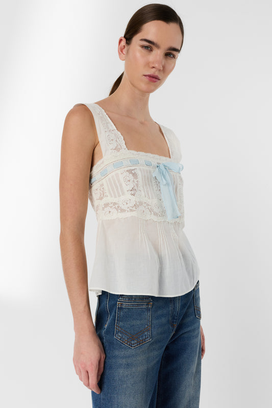 Women's Button-Down Blouse 100% Cotton Voile Lace - Ecru