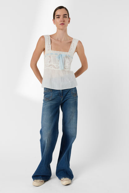 Women's Button-Down Blouse 100% Cotton Voile Lace - Ecru