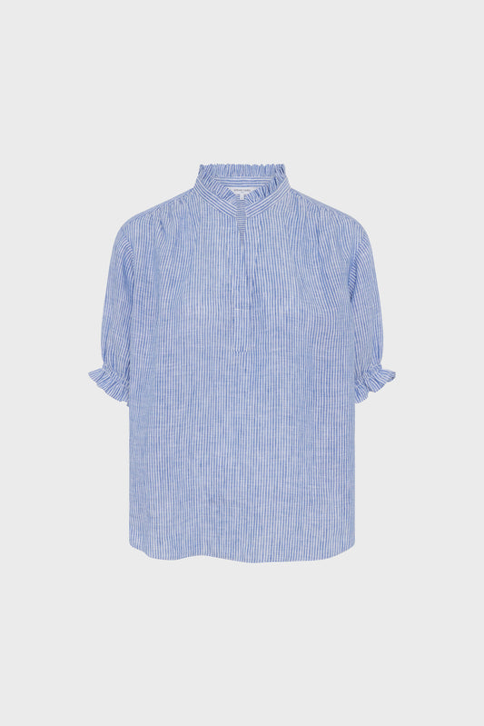 Women's Blouse 100 Percent Linen -  And White Striped Blue