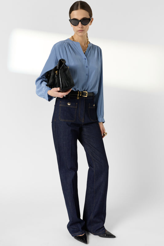 Women Blouse Satin Fabric With Pleated Texture - Bluesky