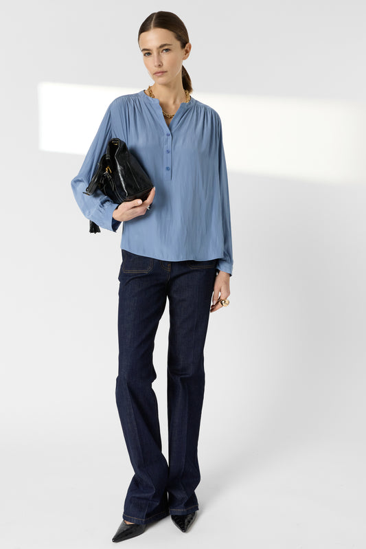 Women Blouse Satin Fabric With Pleated Texture - Bluesky
