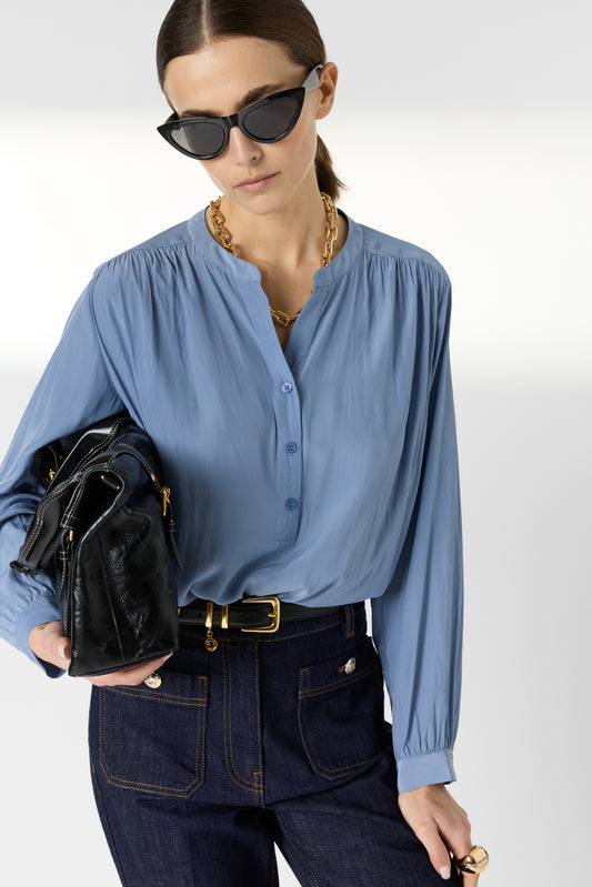 Women Blouse Satin Fabric With Pleated Texture - Bluesky