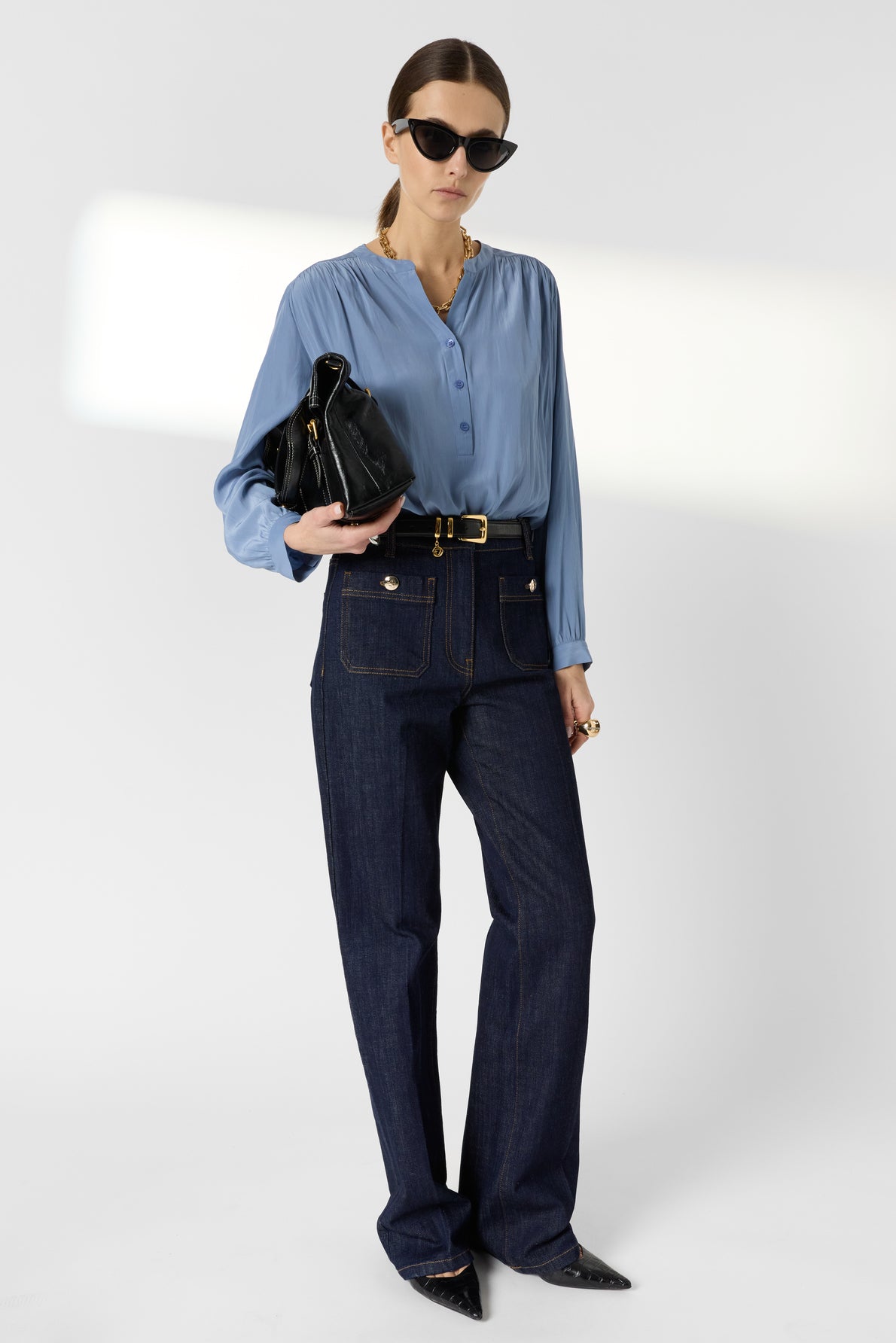 Women Blouse Satin Fabric With Pleated Texture - Bluesky