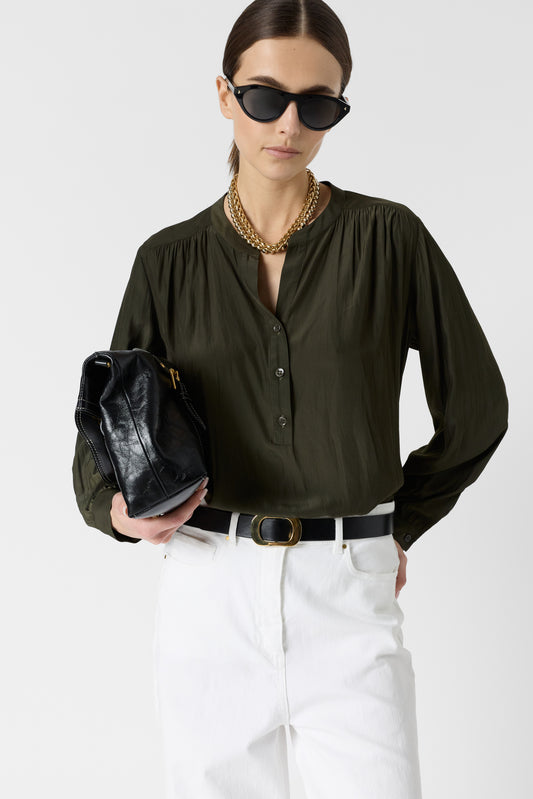 Women's Button-Down Blouse Luxurious Pleated Satin Fabric - Green
