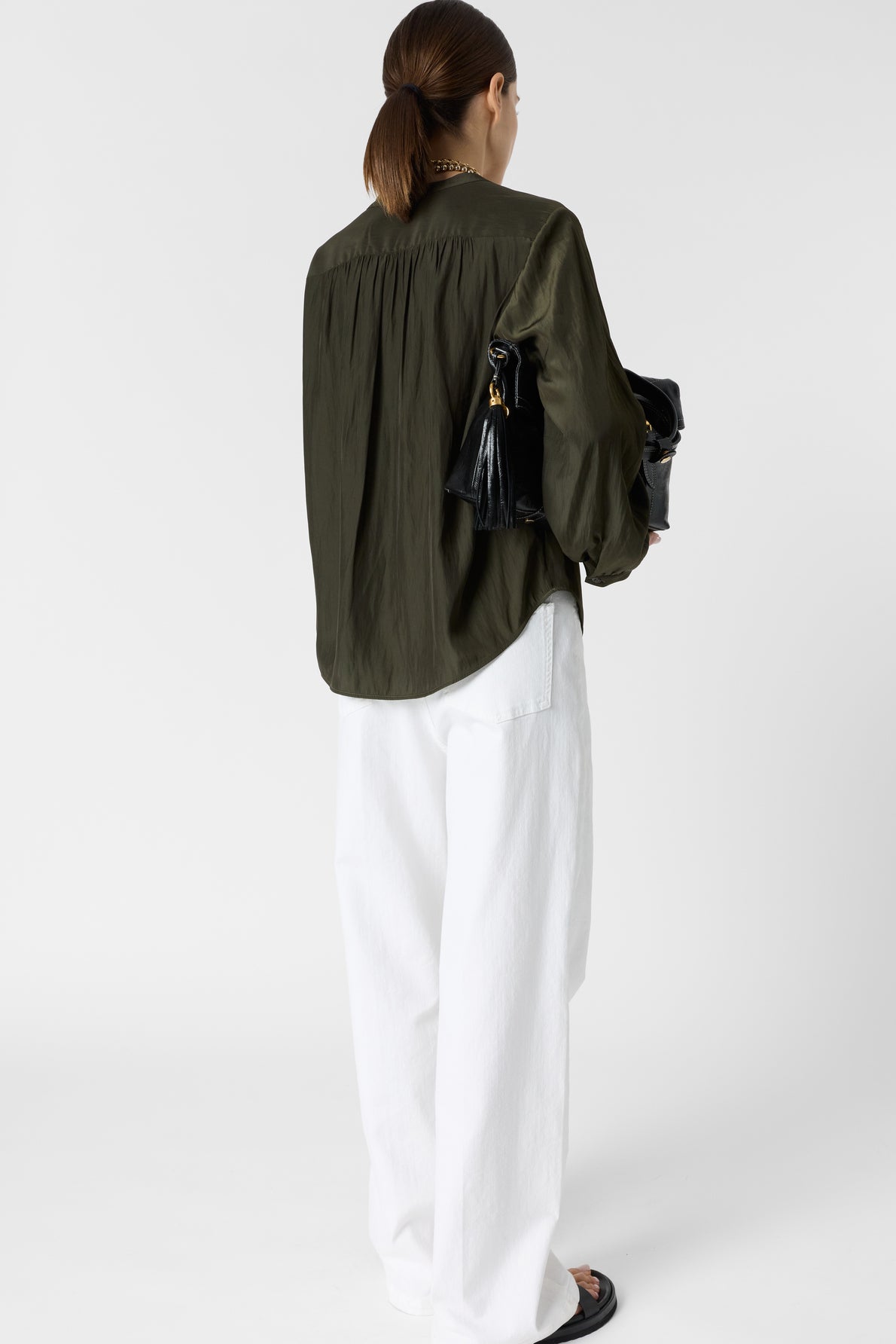 Women's Button-Down Blouse Luxurious Pleated Satin Fabric - Green