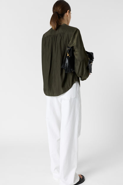 Women's Button-Down Blouse Luxurious Pleated Satin Fabric - Green