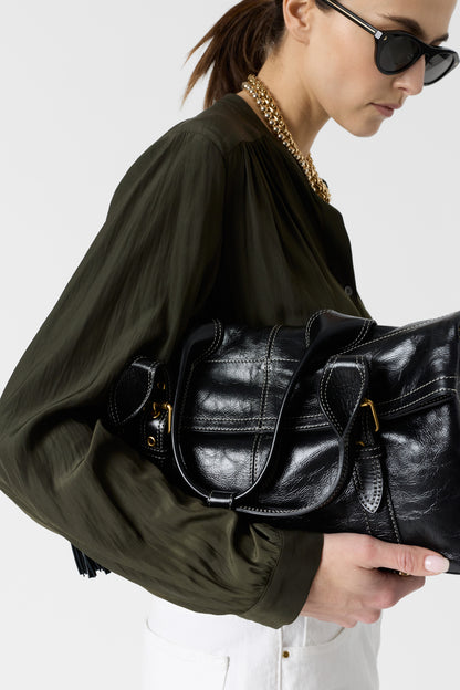 Women's Button-Down Blouse Luxurious Pleated Satin Fabric - Green