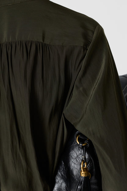 Women's Button-Down Blouse Luxurious Pleated Satin Fabric - Green