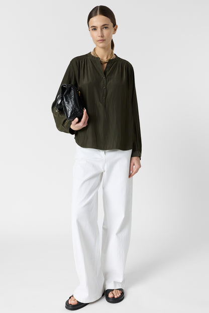 Women's Button-Down Blouse Luxurious Pleated Satin Fabric - Green