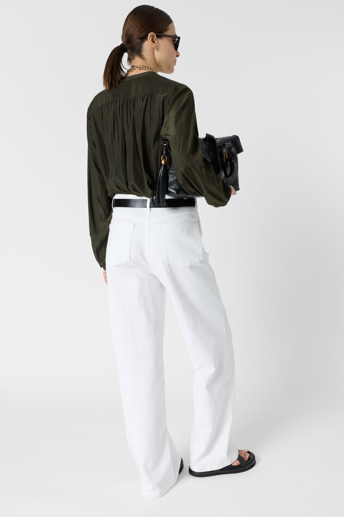 Women's Button-Down Blouse Luxurious Pleated Satin Fabric - Green