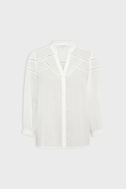 Women's Button-Down Blouse With Embroidered Openwork Ramie - Ecru