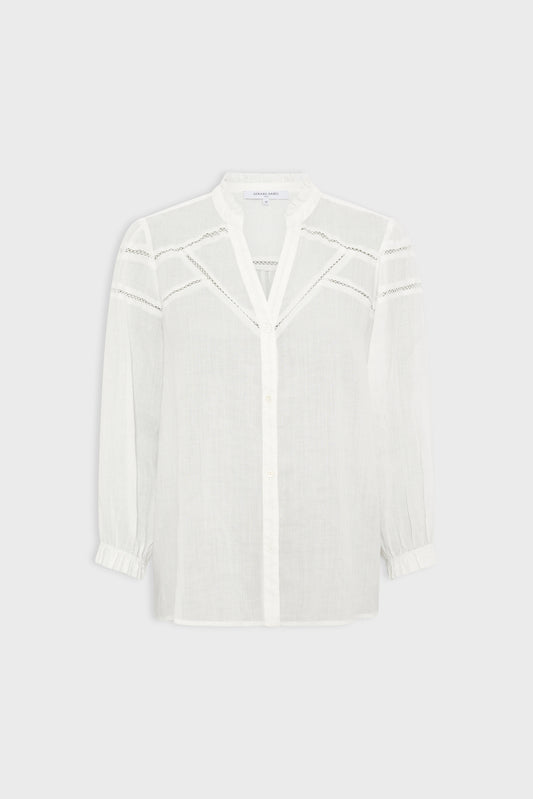 Women's Button-Down Blouse With Embroidered Openwork Ramie - Ecru