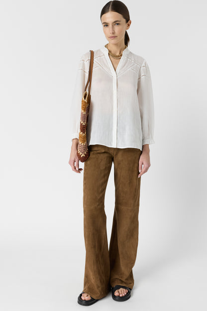 Women's Button-Down Blouse With Embroidered Openwork Ramie - Ecru