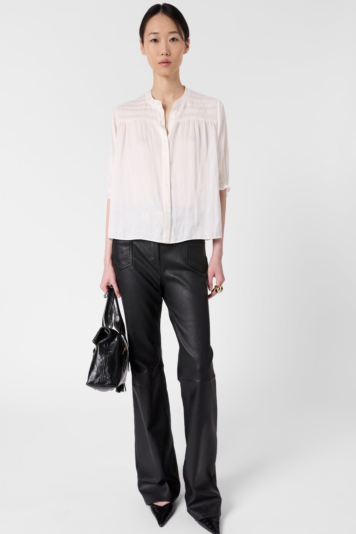 Women's Long-Sleeve Button-Down Blouse Satin - Ecru