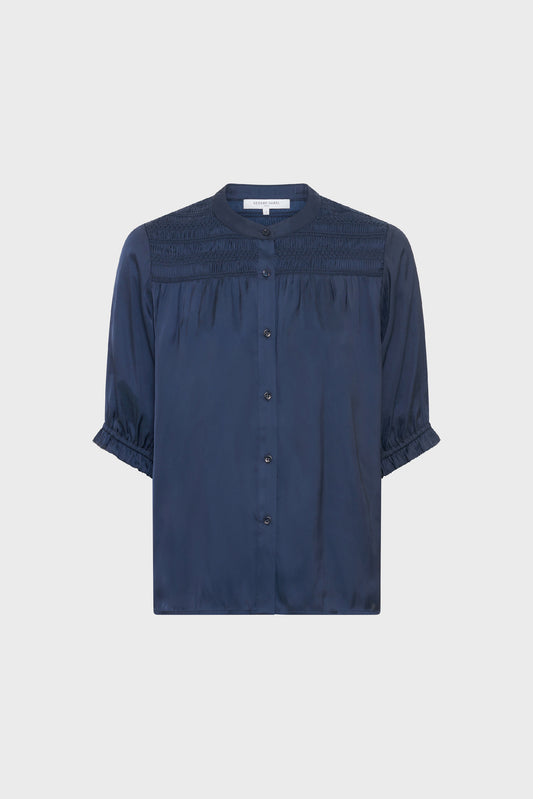 Women's Premium Button-Down Blouse Elegant Silhouette Satin - Ecru Navy