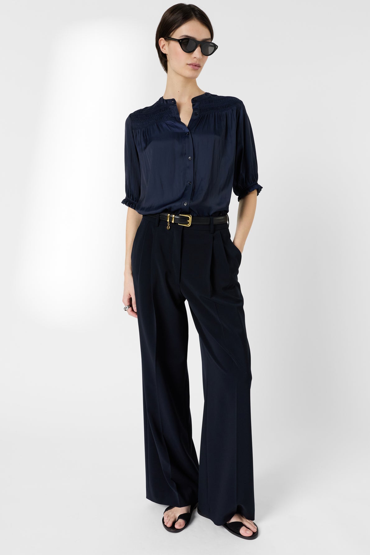 Women's Premium Button-Down Blouse Elegant Silhouette Satin - Ecru Navy
