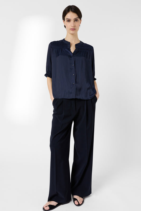 Women's Premium Button-Down Blouse Elegant Silhouette Satin - Ecru Navy