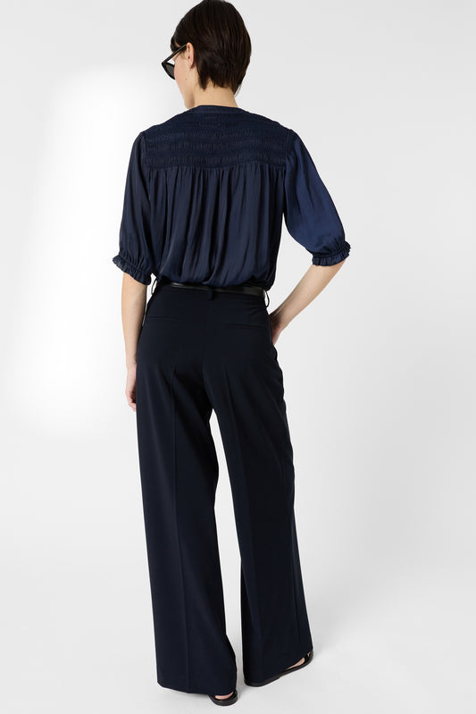 Women's Premium Button-Down Blouse Elegant Silhouette Satin - Ecru Navy
