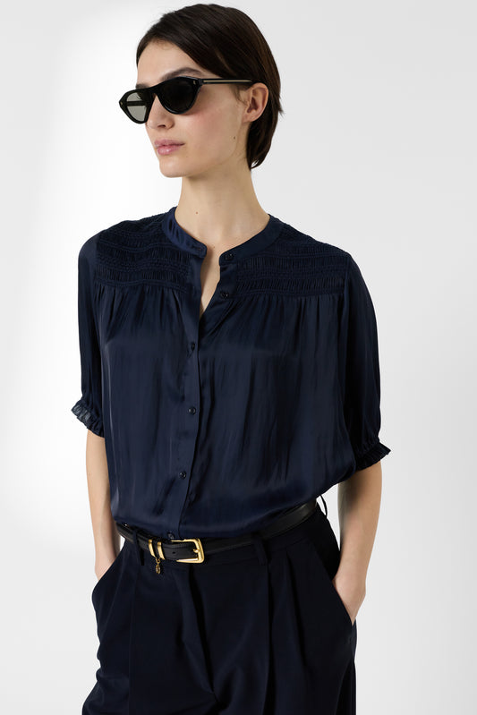 Women's Premium Button-Down Blouse Elegant Silhouette Satin - Ecru Navy