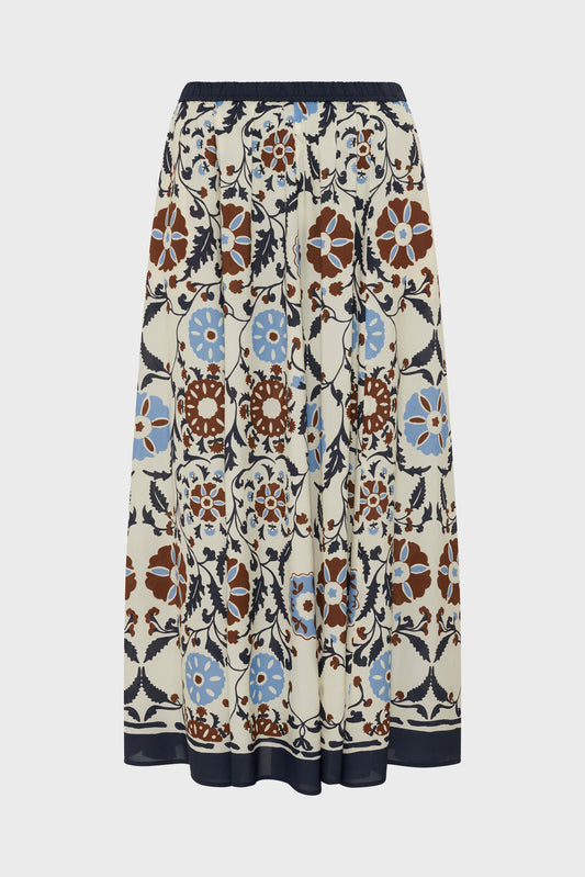 Women's Skirt Fluid Fabric With Vegetal Print - Ecru