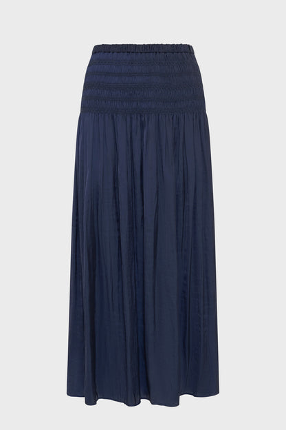 Women's Satin Pleated Midi Skirt With Smocked Waist Satin -  Blue Navy