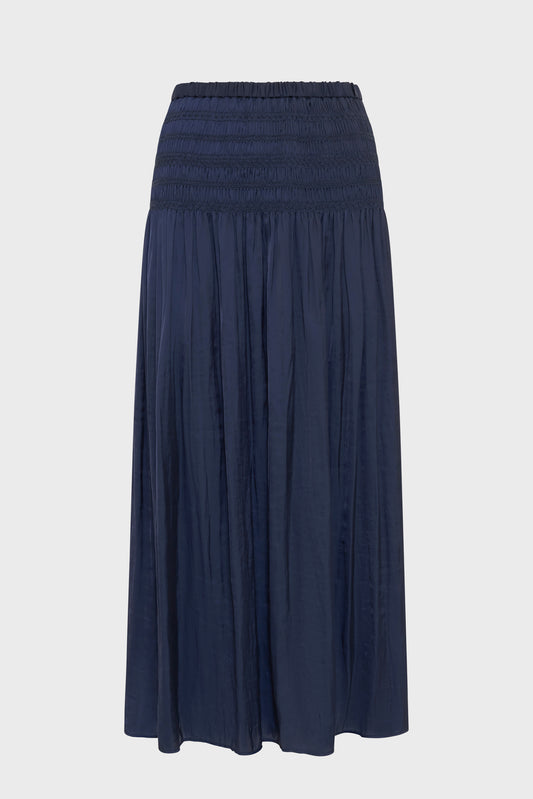 Women's Satin Pleated Midi Skirt With Smocked Waist Satin -  Blue Navy