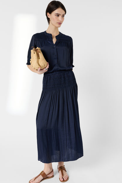 Women's Satin Pleated Midi Skirt With Smocked Waist Satin -  Blue Navy