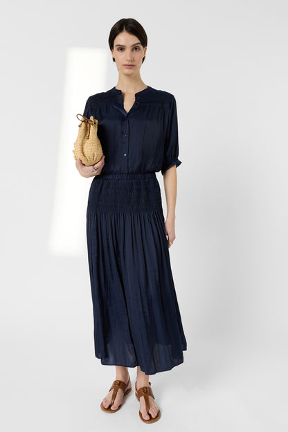 Women's Satin Pleated Midi Skirt With Smocked Waist Satin -  Blue Navy
