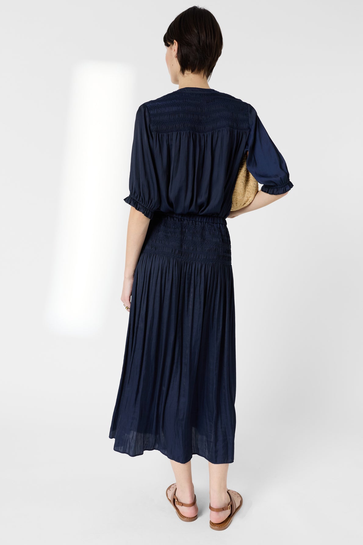 Women's Satin Pleated Midi Skirt With Smocked Waist Satin -  Blue Navy