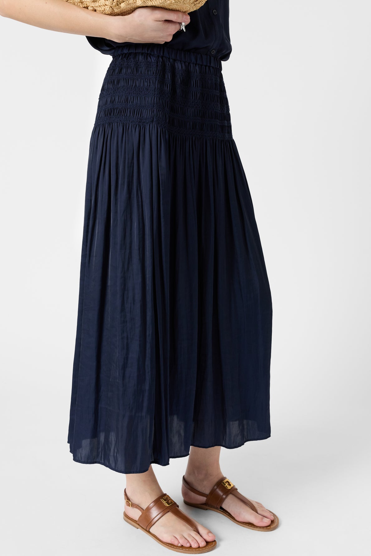 Women's Satin Pleated Midi Skirt With Smocked Waist Satin -  Blue Navy