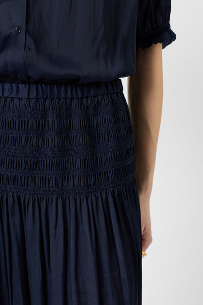 Women's Satin Pleated Midi Skirt With Smocked Waist Satin -  Blue Navy