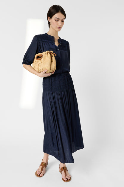 Women's Satin Pleated Midi Skirt With Smocked Waist Satin -  Blue Navy