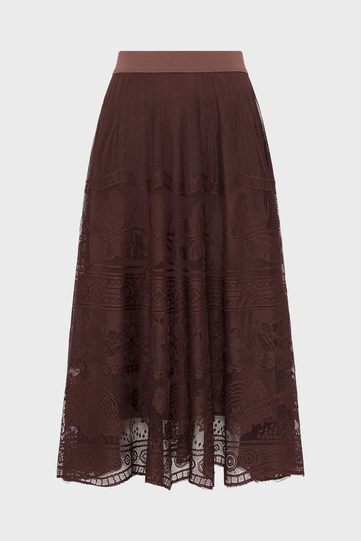 Women's Flared Midi Skirt Chantilly Lace Overlay - Brown