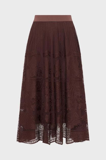 Women's Flared Midi Skirt Chantilly Lace Overlay - Brown