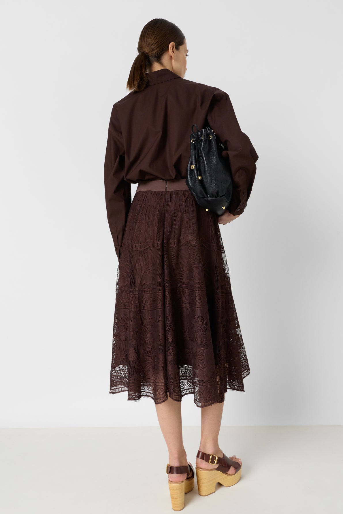 Women's Flared Midi Skirt Chantilly Lace Overlay - Brown