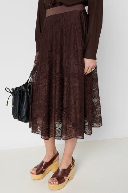 Women's Flared Midi Skirt Chantilly Lace Overlay - Brown
