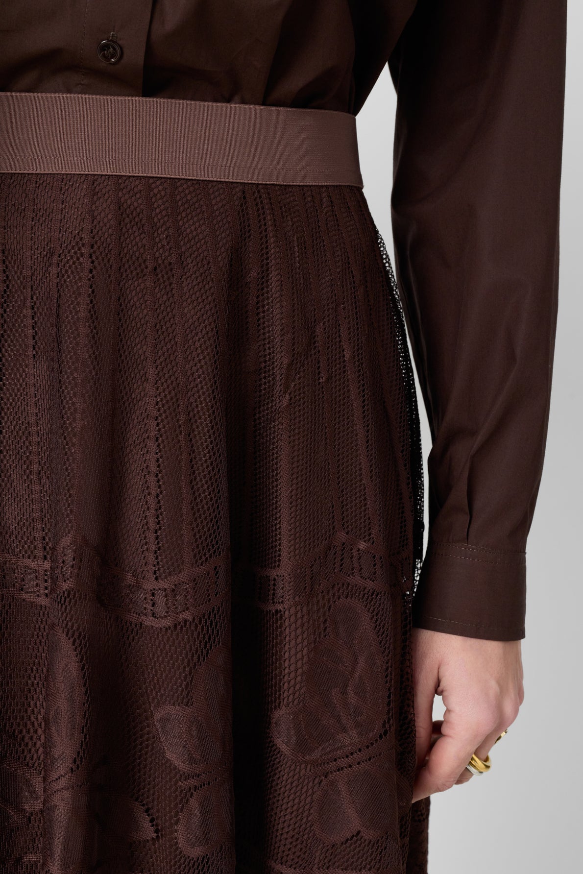 Women's Flared Midi Skirt Chantilly Lace Overlay - Brown