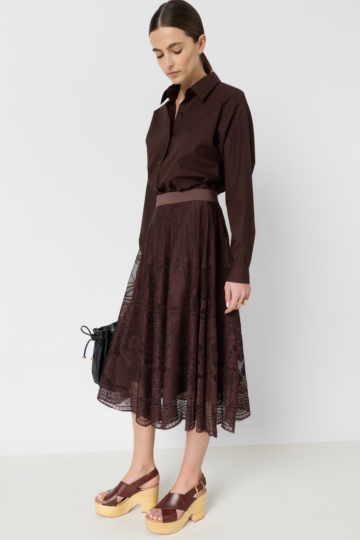 Women's Flared Midi Skirt Chantilly Lace Overlay - Brown