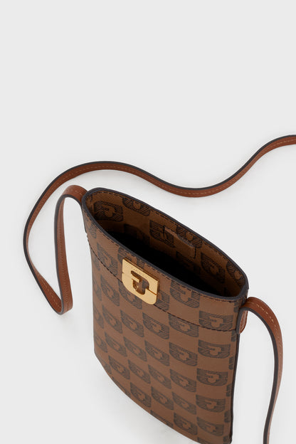 Women Small Tote Bag With Phone Holder Monogrammed Coated Canvas - Camel