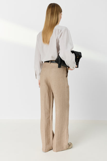 Women's Tailored Wide-Leg Trousers 100% Linen - Beige Sand