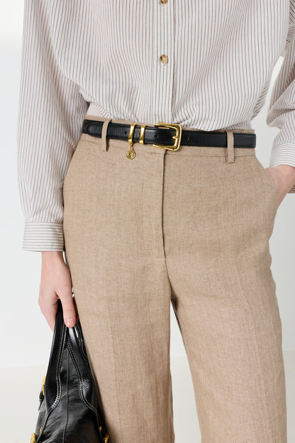 Women's Tailored Wide-Leg Trousers 100% Linen - Beige Sand