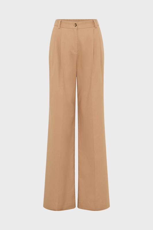 Women’s Pleated Wide-Leg Trousers 100 Percent Cotton - Camel
